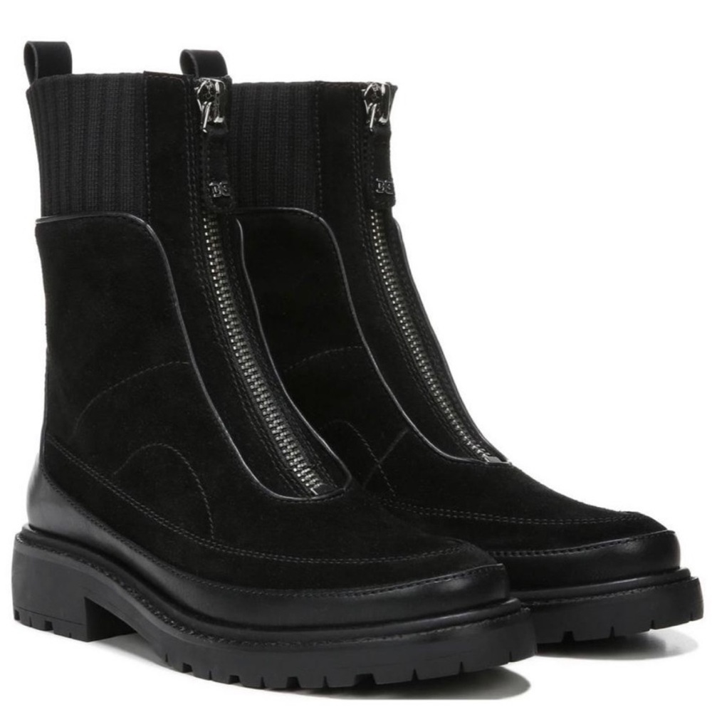Sam Edelman Leone Black & Silver Suede Chelsea Front Zip Combat Boots Size 6